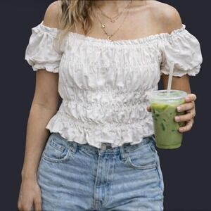 BP white ruched off-shoulder peasant top